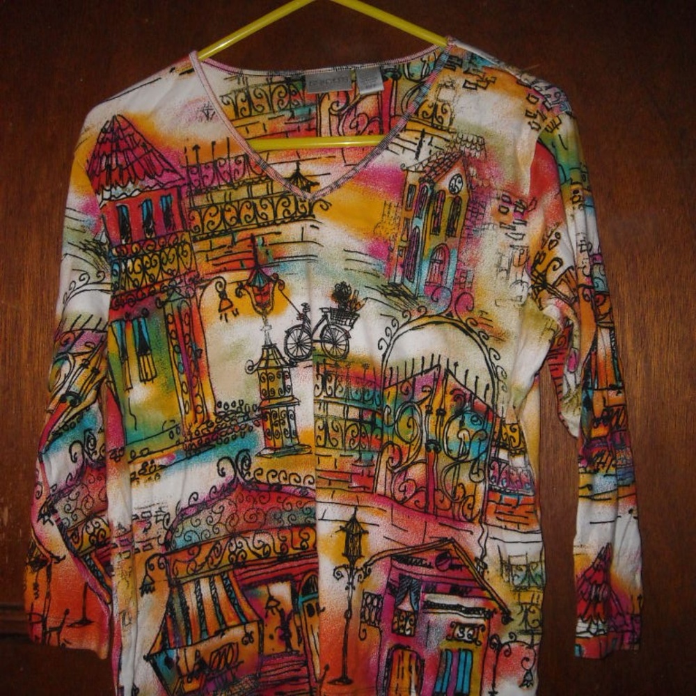 Chicos Shirt  Colorful Cotton V Neck 3 Large